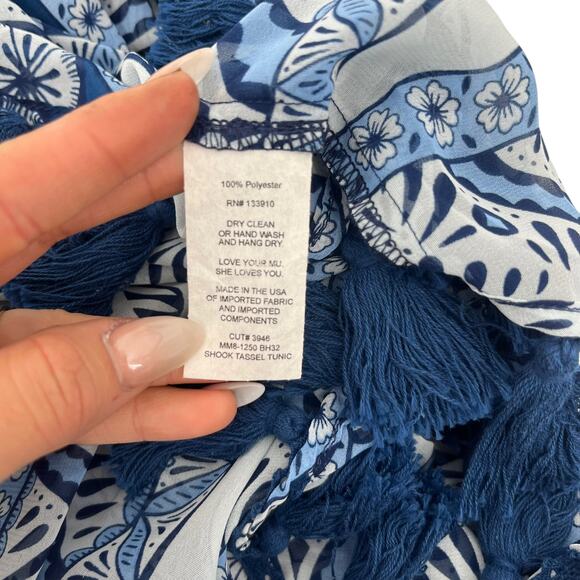 SHOW ME YOUR MUMU Shook Tassel Tunic Blue Short Sleeve Floral Sheer Size Small - Picture 5 of 6